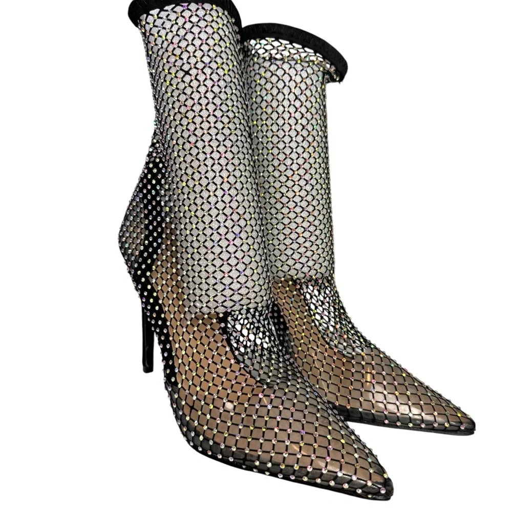 Women Sparkling Rhinestone Multicolor Diamond Detail Stiletto Ankle Sock Boots - Picture 7 of 9